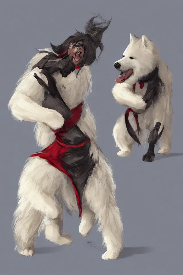 Prompt: samoyed dog as a kickboxing fighter doing Wai Kru Ram Muay, concept art