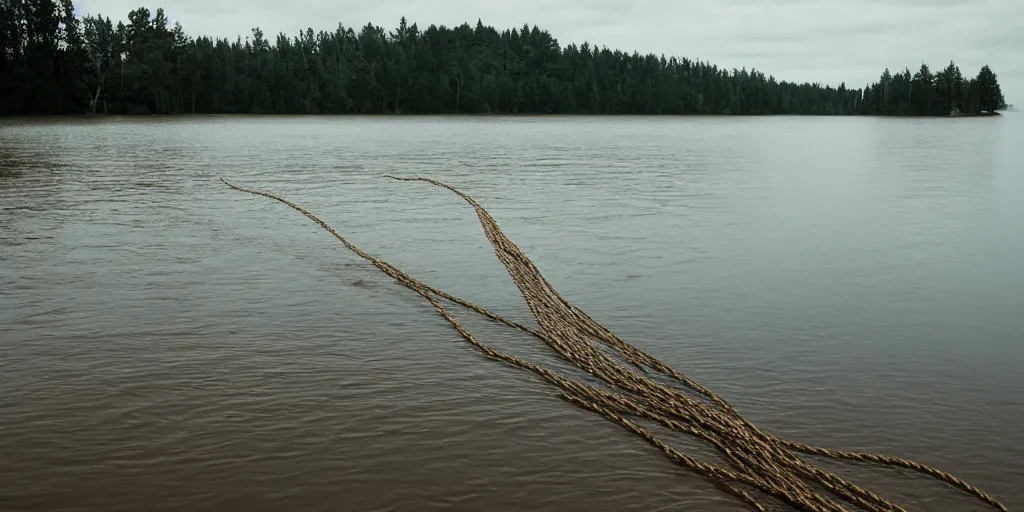 Prompt: centered photograph of a line of thick brown \ long rope floating on the surface stretching out to the center of the lake, a dark lake sandy shore on a cloudy day, color film, trees in the background, hyper - detailed kodak color film photo, anamorphic lens