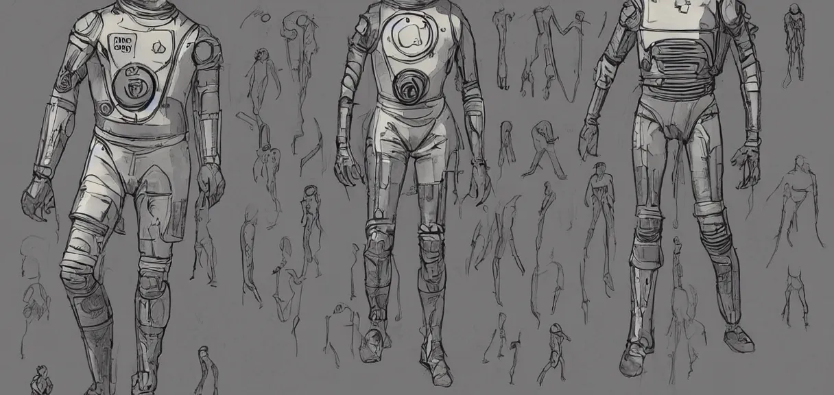 Image similar to male, full body, space suit with a modern helmet, large shoulders, short torso, long thin legs, tiny feet, character sheet, science fiction, very stylized character design, very stylized proportions, pen and ink, digital painting, watercolor wash, by mike mignola, by alex maleev, jean giraud