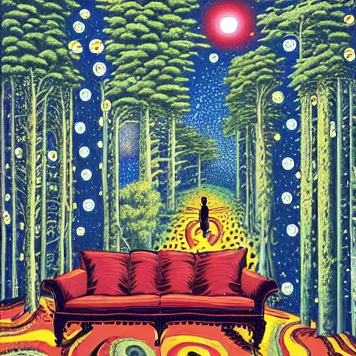 Image similar to psychedelic trippy couch pine forest, planets, milky way, sofa, cartoon by rob gonsalves