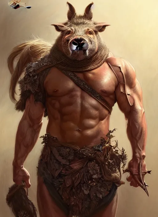 Image similar to portrait of aggressive wild pig humanoid, d & d, muscular! fantasy, intricate, elegant, highly detailed, digital painting, artstation, concept art, smooth, sharp focus, illustration, art by artgerm and greg rutkowski and alphonse mucha