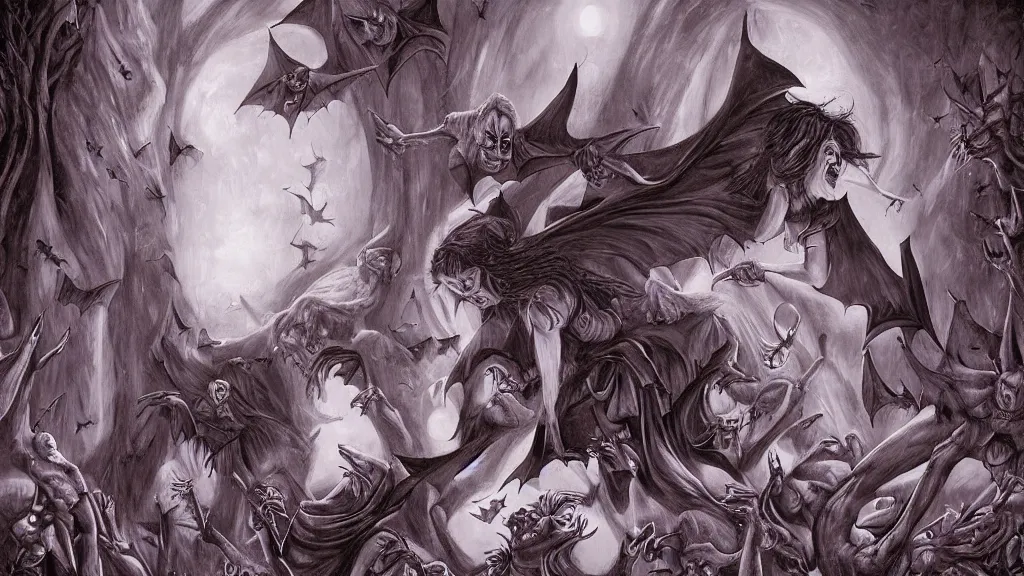 Image similar to dreamtunnel, nightmare, bats, vampires, Lilith, by Andres Rios,