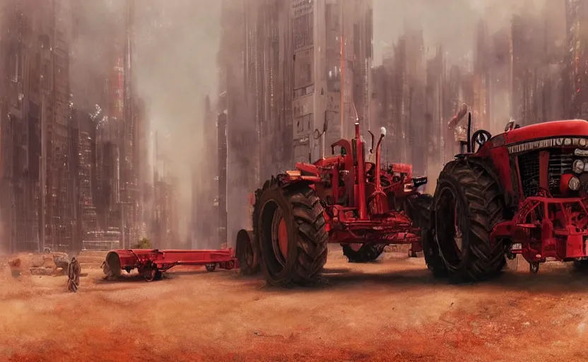 Image similar to a highly detailed beautifuly rendered, tractor that pulls a tank, thick dust and red tones, bladerunner, cyberpunk, lost city, hyper - realistic environment, epic concept art