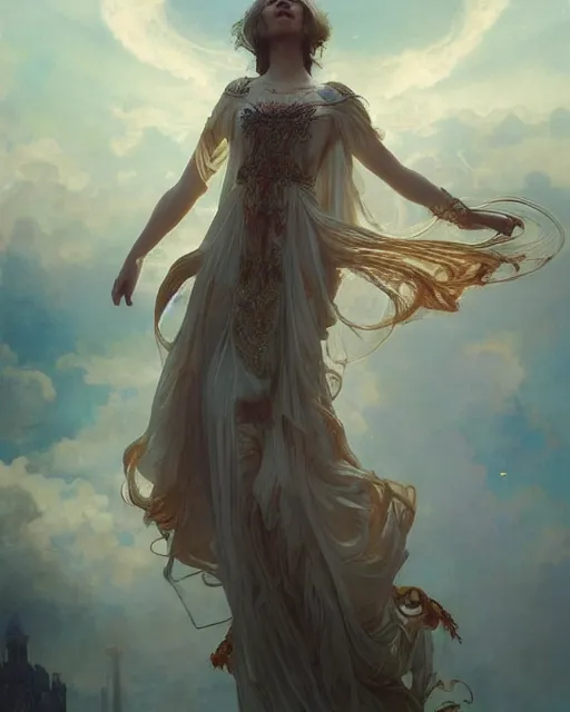 Image similar to a beautiful close up portrait of a sorceress floating on air with elegant looks, flowing robe, ornate and flowing, intricate and soft by ruan jia, tom bagshaw, alphonse mucha, wlop, beautiful roman architectural ruins in the background, epic sky, vray render, artstation, deviantart, pinterest, 5 0 0 px models