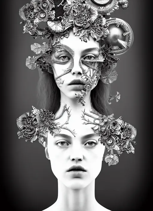 Image similar to monochrome profile portrait painting, dutch masters, silver lace floral steampunk biomechanical beautiful one techno eye young female cyborg, big monocular, volumetric light, leaves foliage and stems, hibiscus flowers, alexander mcqueen, rim light, big gothic fashion pearl embroidered collar, 8 k