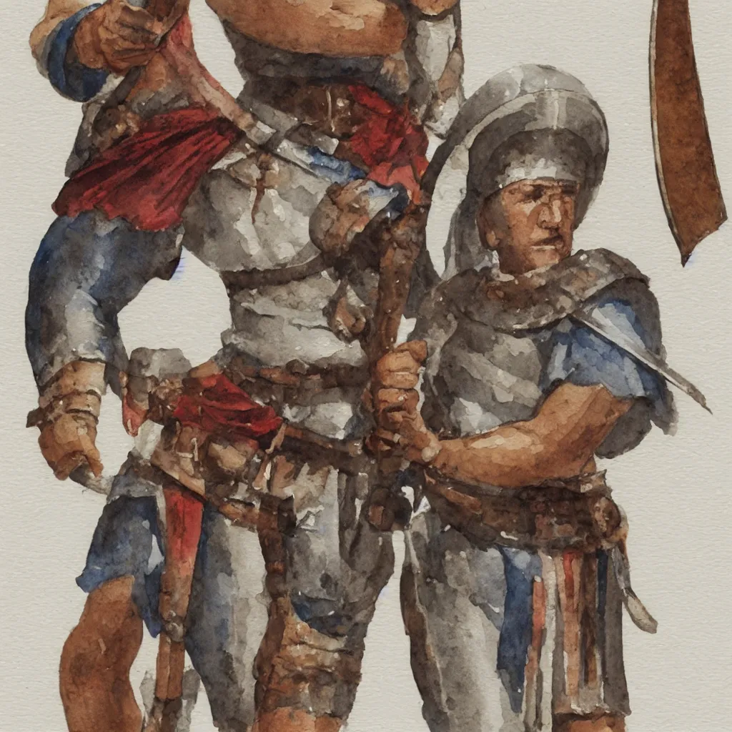 Prompt: a single roman legionnaire holding a scroll, watercolor, concept art, white background