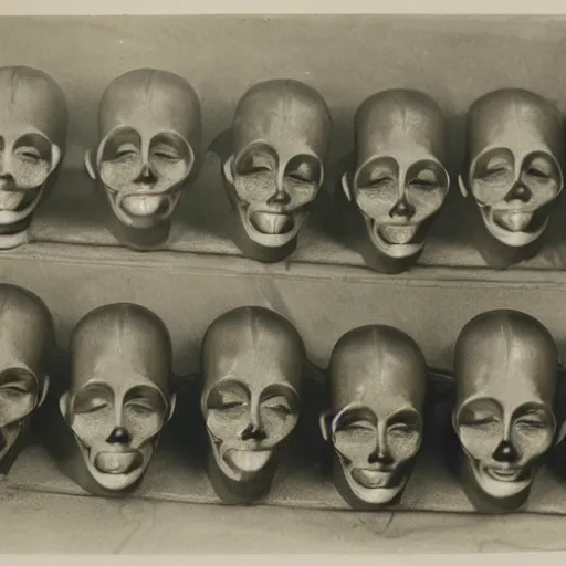 Image similar to a manikin party, wax manikin heads, smiling, photograph, style of atget, nightmare, concept art, creepy