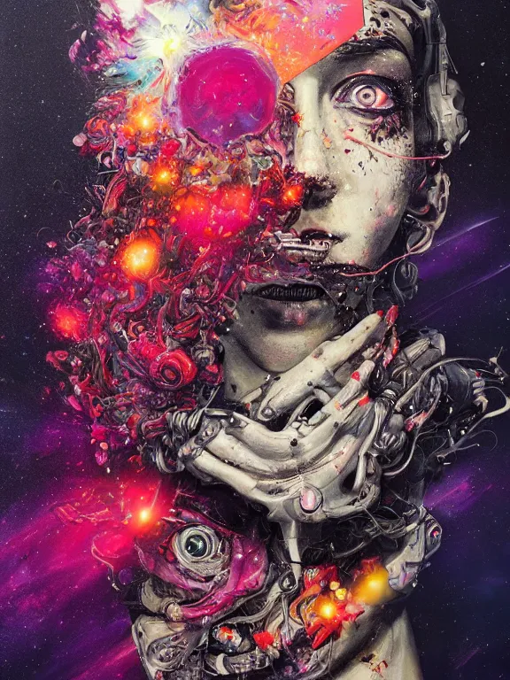 Image similar to art portrait of space zombie with flower exploding out of head,8k,by tristan eaton,Stanley Artgermm,Tom Bagshaw,Greg Rutkowski,Carne Griffiths,trending on DeviantArt,face enhance,hyper detailed,minimalist,cybernetic, android, blade runner,horror,full of colour,