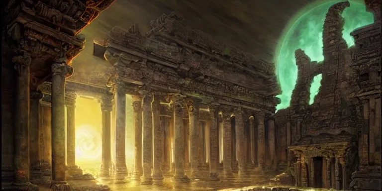 Prompt: beautiful hyperrealistic spectacular painting of the mysterious intricate ruins of the mysterious ancient temple, an advanced technology timemachine with a green - glowing - crystal from the future is inside the temple, by hubert robert and lee madwick and bastien lecouffe - deharme, dramatic moonlight lighting, advanced technology