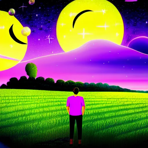 Prompt: idealized detailed image of a happy man thinking while in a dream-like environment, looking over a landscape of bright, verdant farmland, a quaint little village in the background and starlit skies, the sky has purple/pink undertones and