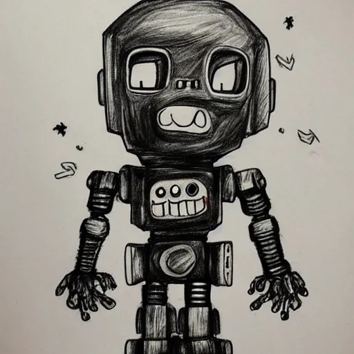 Image similar to a scary horror themed robot, drawn with charcoal and pen and ink