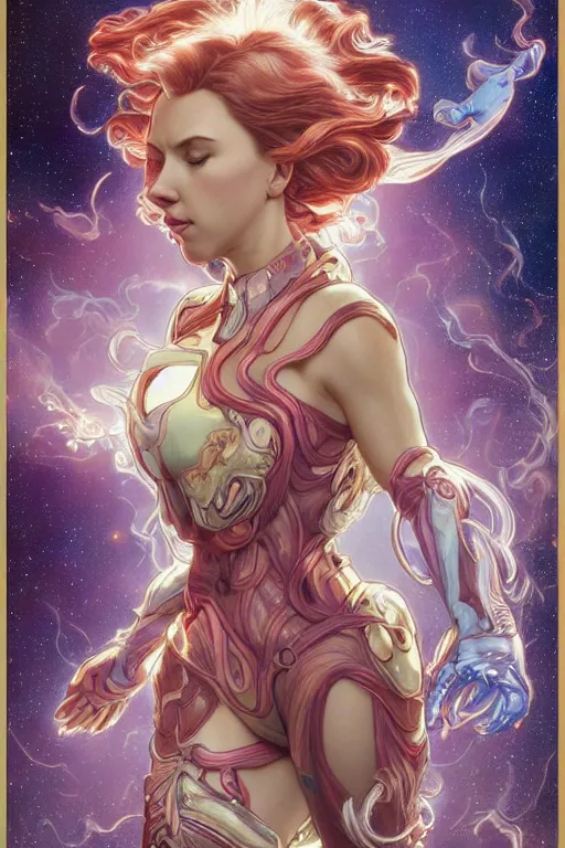 Image similar to celestial anthropomorphic puppy scarlett johansson, by artgerm and yoshitaka amano and moebius and alphonse mucha, hyperdetailed, dc comics, ornate, nebula, explosions in the sky, trending on artstation