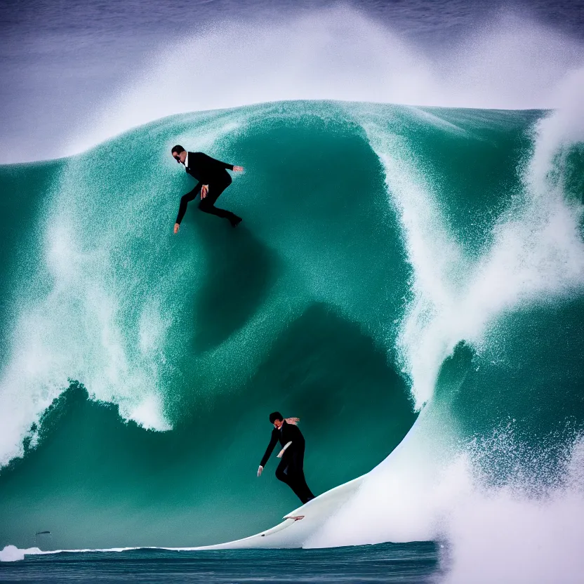 Image similar to man in black suit surfs carpet which looks like ocean wave in nazare, furniture around, business surrounding, dslr, insane details, hyper reallistic, 8 k, clear face and eyes, ultra clear detail, hdr, textured, award winning, professional photography