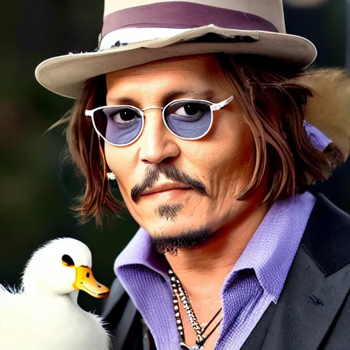Prompt: johnny depp holding a duck up to the camera