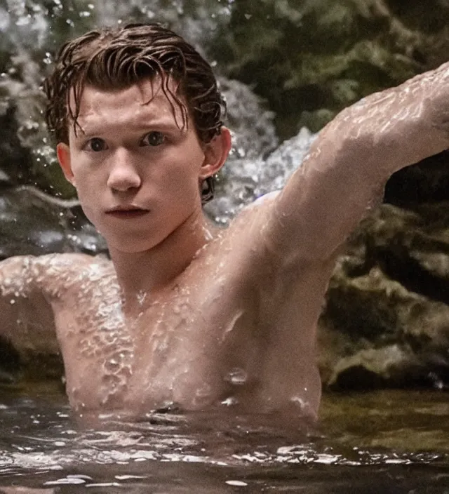 Image similar to tom holland as a mystical water creature, d & d, movie still frame, hd, remastered, film grain, cinematic lighting