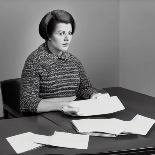 Image similar to a portrait of a secretary sitting behind a desk, 1 9 7 0 th knitted burda style,