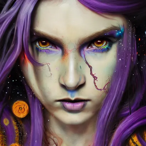 Image similar to detailed photo portrait of a furious teen girl with thin, hair-like purple tentacles on her head and bright purple eyes, 8k,by tristan eaton, Stanley Artgermm,Tom Bagshaw,Greg Rutkowski,Carne Griffiths,trending on DeviantArt, face enhance,hyper detailed ,full of colour, dramatic lightning