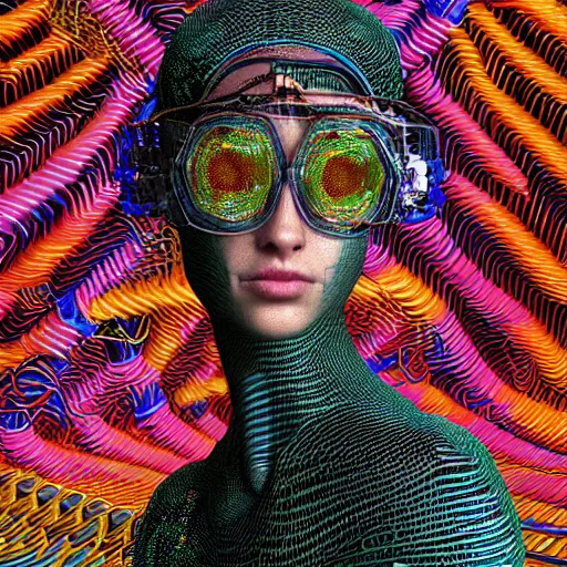 Image similar to swimming deeper into the multiverse, maze of modular synth cables mixed with mangrove roots, kawaii puerto rican goddess chilling out wearing a headpiece made of circuit boards designed by auroboros, by cameron gray, wlop, stanley kubrick, masamune, hideki anno, jamie hewlett, unique perspective, trending on artstation, 3 d render, vivid