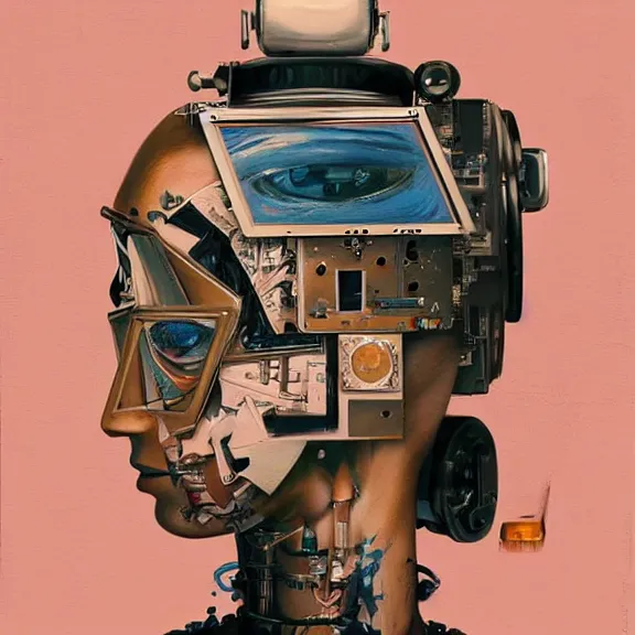 Prompt: robot artist painting a self - portrait on a canvas. intricate, highly detailed, photorealistic, film still, by alexandros pyromallis, sachin teng, gil elvgren.