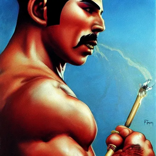 Image similar to ultra realistic freddy mercury as ryu from street fighter, painting by frank frazetta, 4 k, ultra realistic, highly detailed,