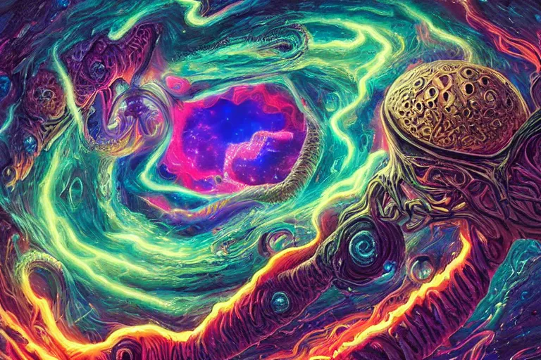 Image similar to a giant skull and flesh creature with deep and intricate rune carvings and glowing eyes and twisting lovecraftian tentacles emerging from a space nebula by dan mumford, twirling smoke trail, a twisting vortex of dying galaxies, digital art, photorealistic, vivid colors, highly detailed, intricate