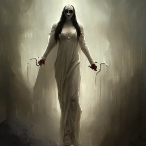 Image similar to in a world of horror, films of all time and a stunning white goth angel is the experience of all members of your family who, and reward players for their success, concept art, artwork by greg rutkowski, trending