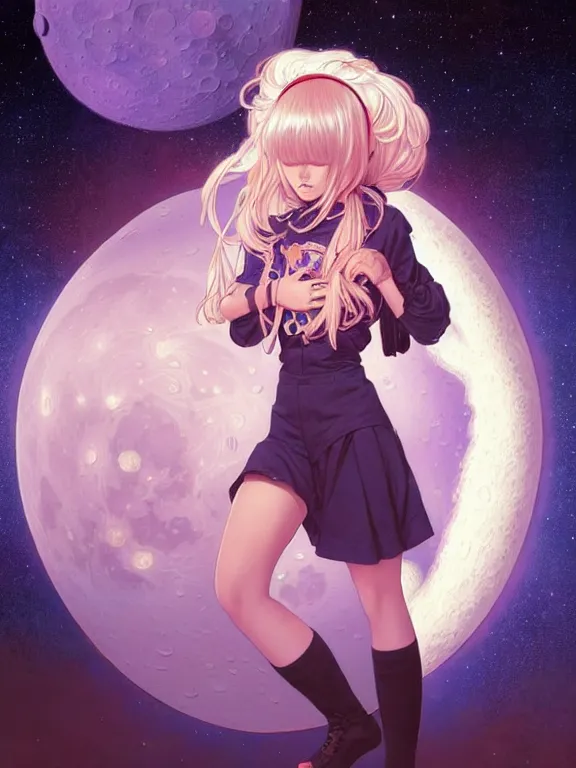 Prompt: full body picture of a space girl in the moon cafe, bored, coveted, beautiful and aesthetic, intricate, unreal engine, messy hair, highly detailed, detailed face, smooth, sharp focus, chiaroscuro, manga illustration, artgerm, greg rutkowski, ilya kuvshinov, rossdraws, alphonse mucha, young adult light novel cover art