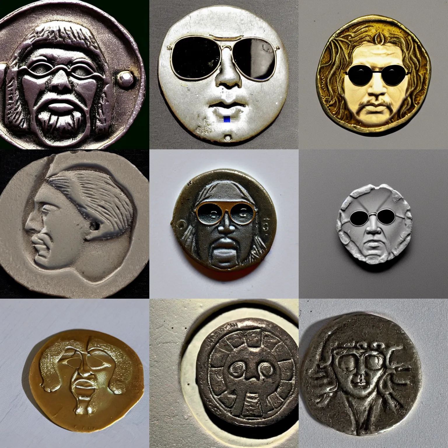 Prompt: an ancient lucky coin with George Harrison's face wearing sunglasses embossed on it, museum archive photo