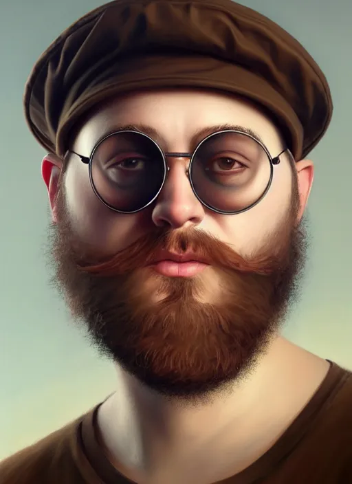 Prompt: a _ fantasy _ style _ portrait _ painting _ of chubby white male with bucket hat circle face and circle glasses, rough beard, oil _ painting _ unreal _ 5 _ daz. _ rpg _ portrait _ extremely _ detailed _ artgerm _ greg _ rutkowski _ greg