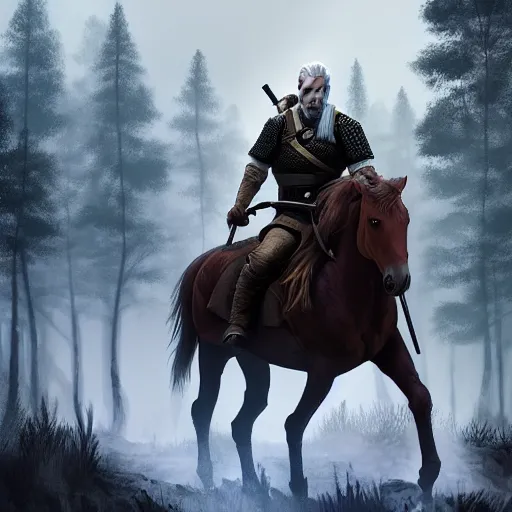 Image similar to Geralt of Rivia riding a horse in forest, 4k, artstation, cgsociety, award-winning, masterpiece, stunning, beautiful, glorious, powerful, fantasy art