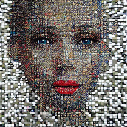 Image similar to beautiful portrait of a woman made from magazine clipplings, mcu, contrast, texture,