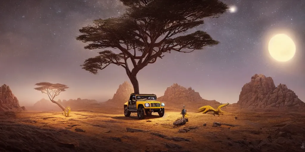 Prompt: yellow mahindra thar riding through moonlit socotra island with dragon trees, starry night, sharp focus, wide shot, trending on ArtStation, masterpiece, by Greg Rutkowski, by Ross Tran, by Fenghua Zhong, corona render, soft render, ultrarealistic, colorful, cinematic, shadow of the tomb rider