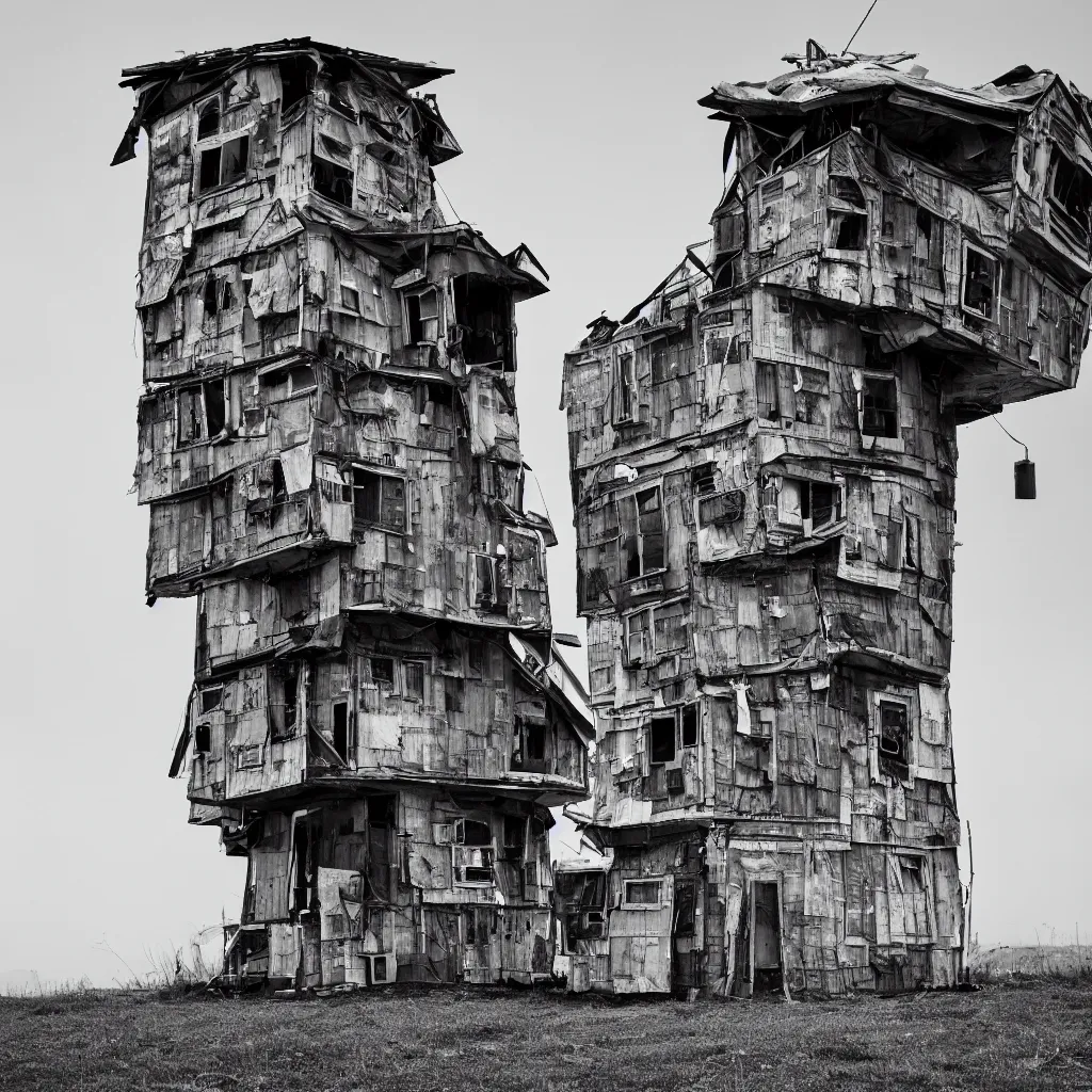 Prompt: a tower made up of makeshift squatter shacks, dystopia, sony a 7 r 3, f 1 1, fully frontal view, photographed by richard avedon, ultra detailed,