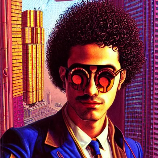 Prompt: a intricately detailed cyberpunk painting of a young curly-haired persian guy wearing round golden glasses in a futuristic cityscape by Jean Giraud