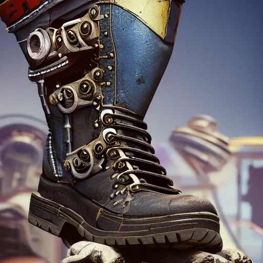 Image similar to a studio shot of mechanic boots made in heaven in the borderlands 3 style, close - up, cinematic shot, intricate, ornate, photorealistic, ultra detailed, realistic, 1 0 0 mm, photography, octane, high definition, depth of field, bokeh, 8 k, behance, artstation