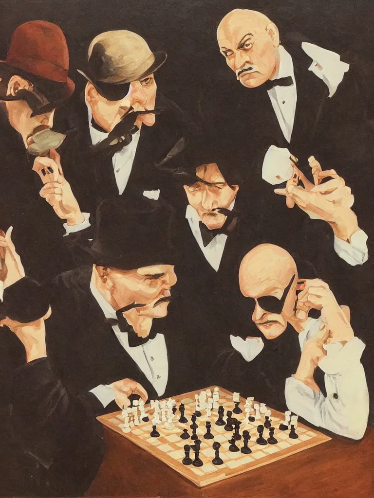 Prompt: painting of hercules poirot and sherlock holmes play chess