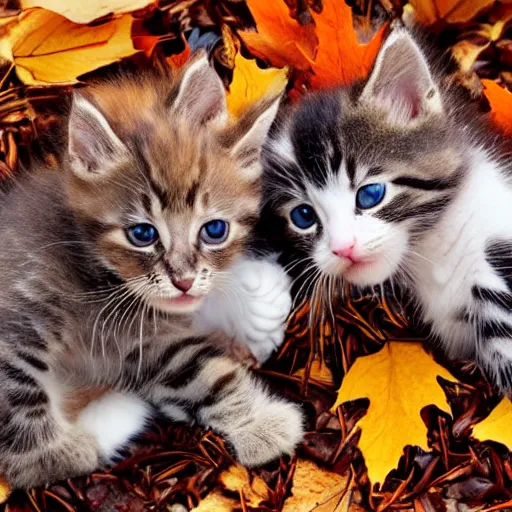 Prompt: adorable kittens playing in a pile of autumn leaves