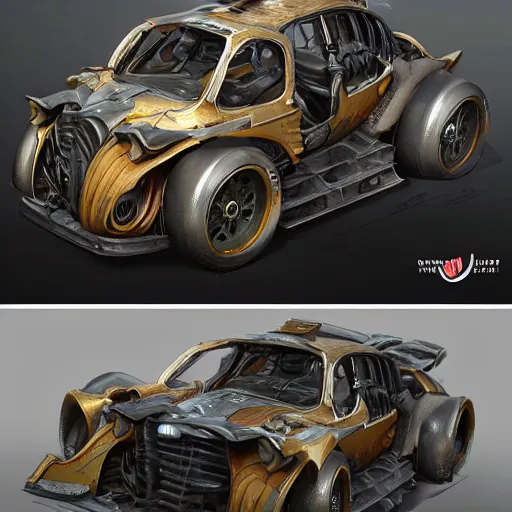 Prompt: full view of a car from WETA Workshop, some art style from Bruce Kaiser and Scott Robertson and Dmitry Mazurkevich and Doruk Erdem and Jon Sibal