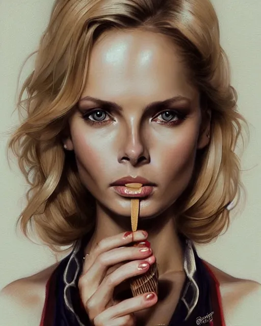 Image similar to Portrait of a blonde Barbara Bach from the bond film eating ice creams in Porto,real life skin, intricate, elegant, highly detailed, artstation, concept art, smooth, sharp focus, art by artgerm and greg rutkowski and alphonse mucha