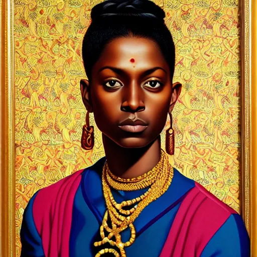 Prompt: A portrait of a skinny stylish and beautiful non-binary person, dark skin tone, Indian, oil painting by Kehinde Wiley, majestic, detailed, high resolution