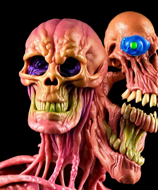 Image similar to hyperrealistic rendering, cronenberg flesh monster skeletor by art of skinner and richard corben and jeff easley, product photography, action figure, sofubi, studio lighting, colored gels