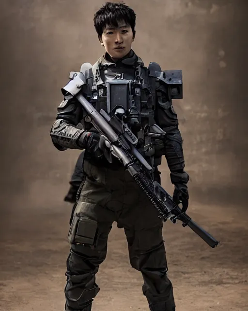 Image similar to Korean Actor Park Solomon as Kazuki Fuse in Live Action Jin Roh: The Wolf Brigade, wearing full armor holding his MG 42 machine Gun, Studio Lighting, shot in the Style of Annie Leibovitz, Mamoru Ushii