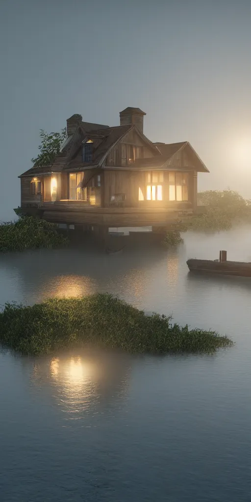 Prompt: photorealistic wide shot of a beautiful house that floats on the water in the moonlight, octane render, unreal engine 4k, volumetric light, fog, detailed