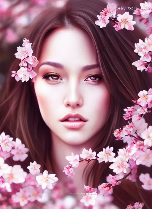 Image similar to photo of a gorgeous female in the style of stefan kostic, realistic, half body shot, sharp focus, 8 k high definition, insanely detailed, intricate, elegant, art by stanley lau and artgerm, extreme blur cherry blossoms background