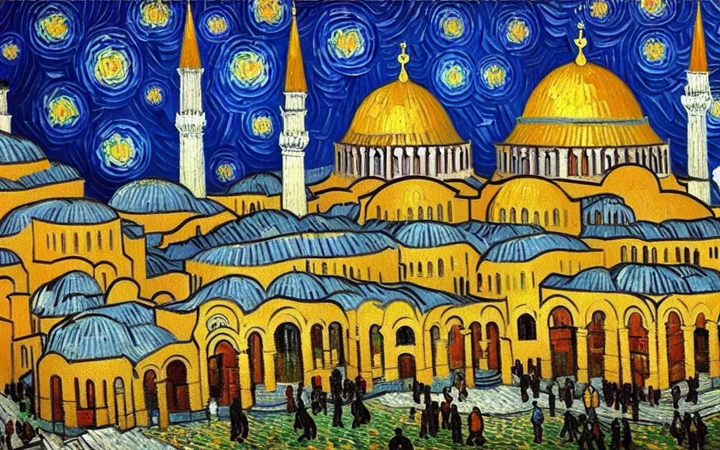 Image similar to detailed expressionist oil painting by van gogh of the hagia sophia church of constantinople, beautiful byzantine architecture, landscape painting, expressionism, 8 k resolution, smooth, sharp focus, matte painting