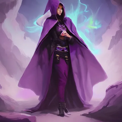 Image similar to full body, female warlock long hood cloak purple, fighting monster with magic, 8 k, trending on artstation by tooth wu and greg rutkowski