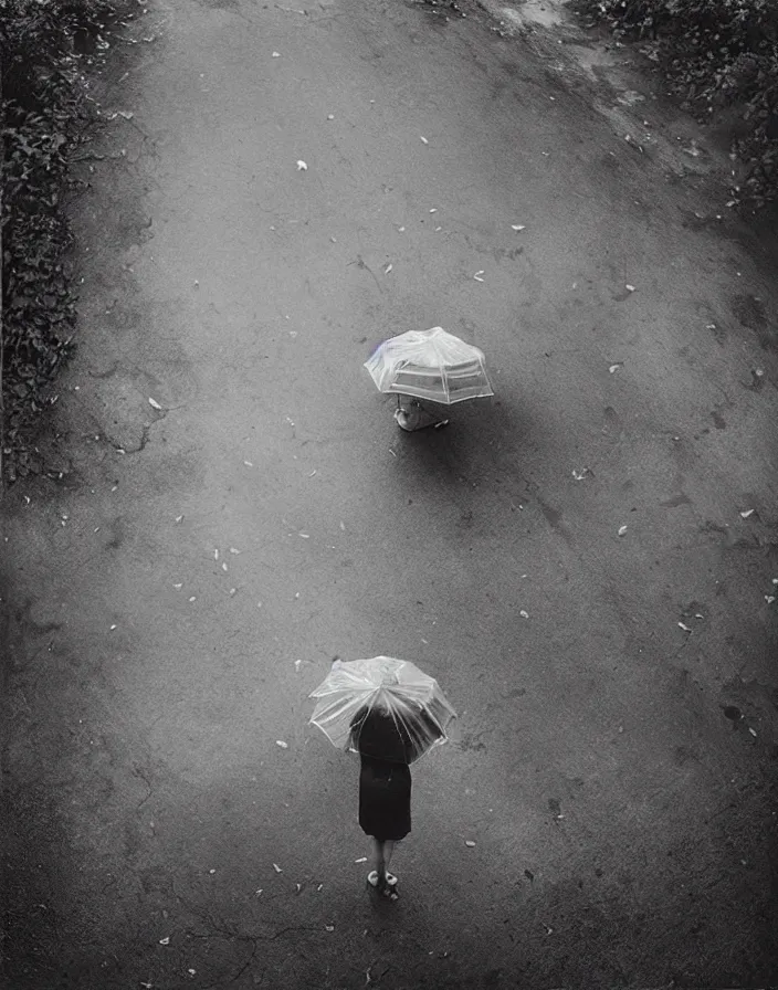 Image similar to “ gregory crewdson, photograph, quiet american neighborhood, a woman waiting holding a transparent umbrella ”