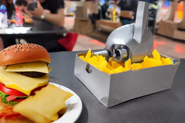 Prompt: robot eating cheese burger