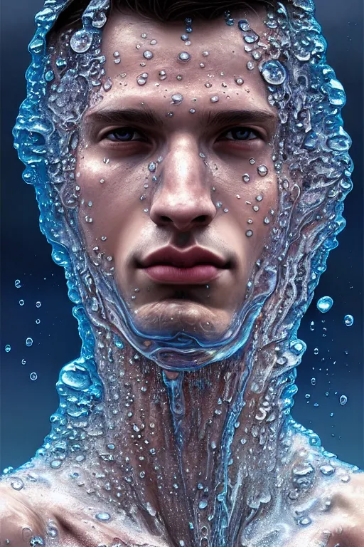 Image similar to body portrait of a young man made of water emerging from a lake, wearing a cloak, by terry o'neill intricate, elegant, highly detailed, digital painting, glistening skin, artstation, concept art, smooth, sharp focus, natural lighting, bright colors, illustration, art by artgerm and greg rutkowski and alphonse mucha, 8 k