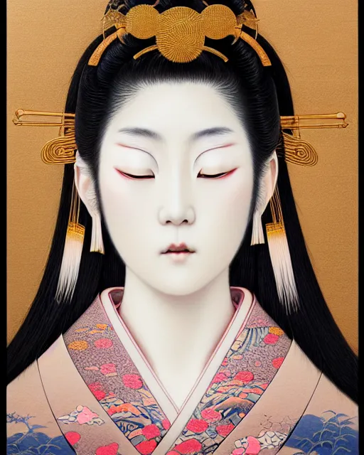 Image similar to portrait of a beautiful japanese goddess, unusual beauty, esoteric, muted colors, head in focus, fantasy art, ornamental aesthetics intricate, elegant, highly detailed, uhd, hyperrealistic painting, artstation, concept art, painterly, sharp focus, illustration, art by chie yoshii